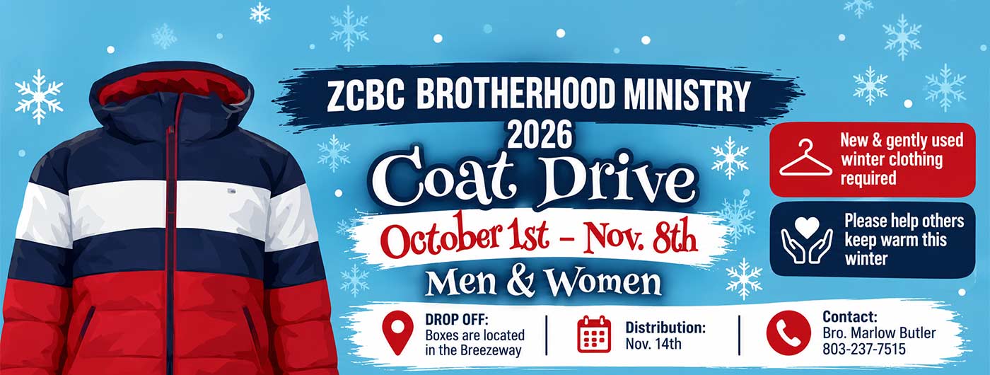 ZCBC Brotherhood Ministry 2026 coat drive collecting new and gently used winter clothing from October 1 through November 8. click for details