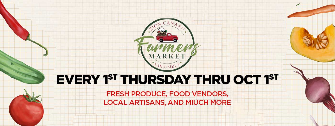 light brown banner with vegetables adverting the farmers market startiing on may 7