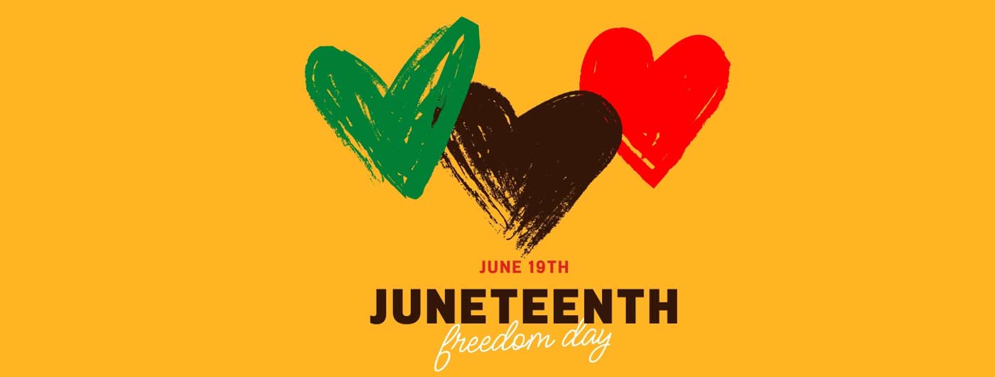 advertisement for Jiuneteenth with a yellow background with green, black and red hearts.