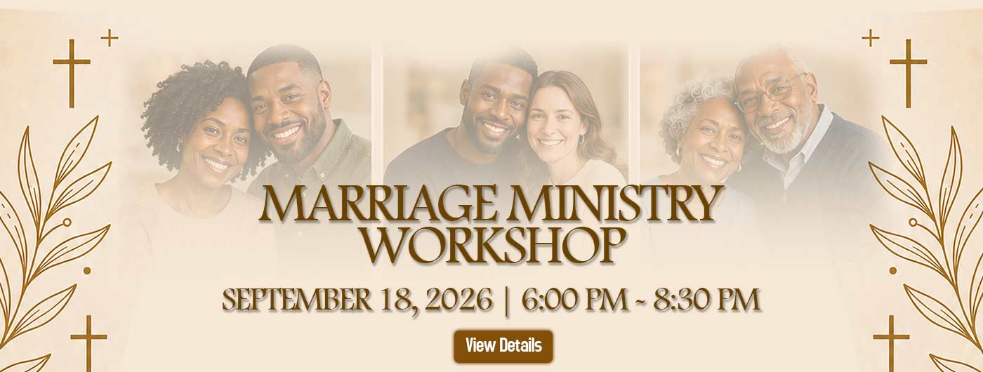 a beige advertisement with couples in the background to advertise the marriage ministry workshop. Click for details