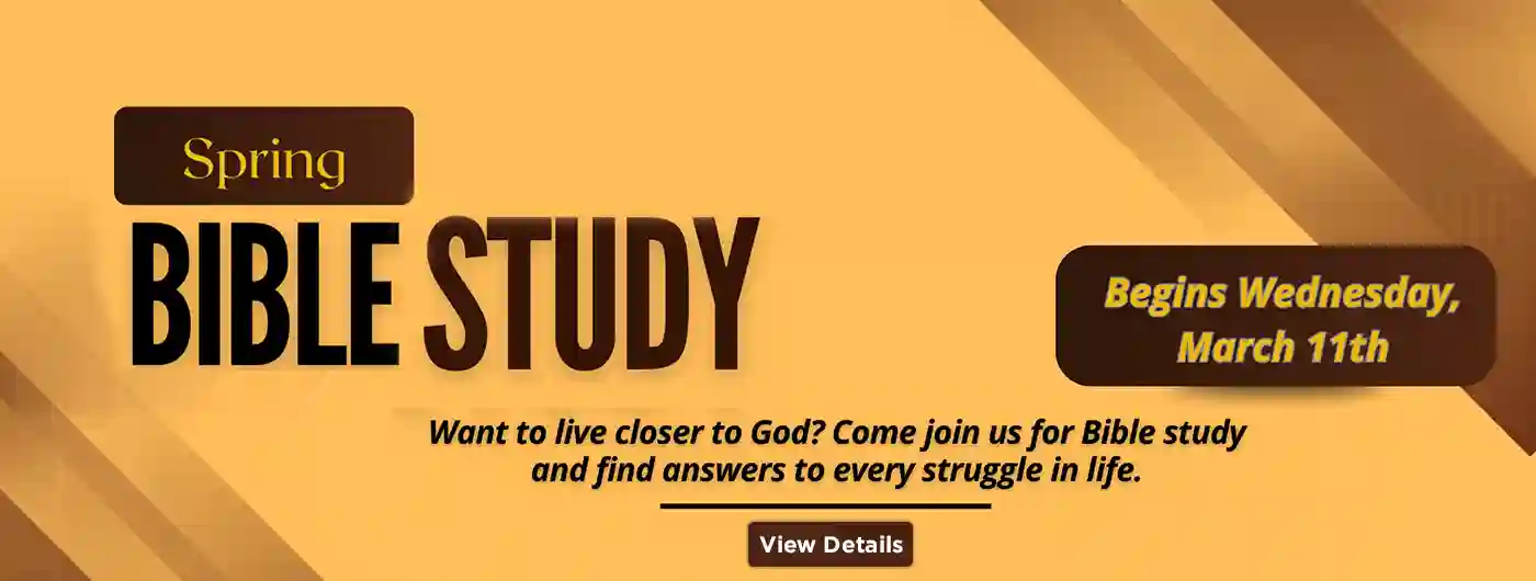 a yellow banner to advertise spring bible study. click for details