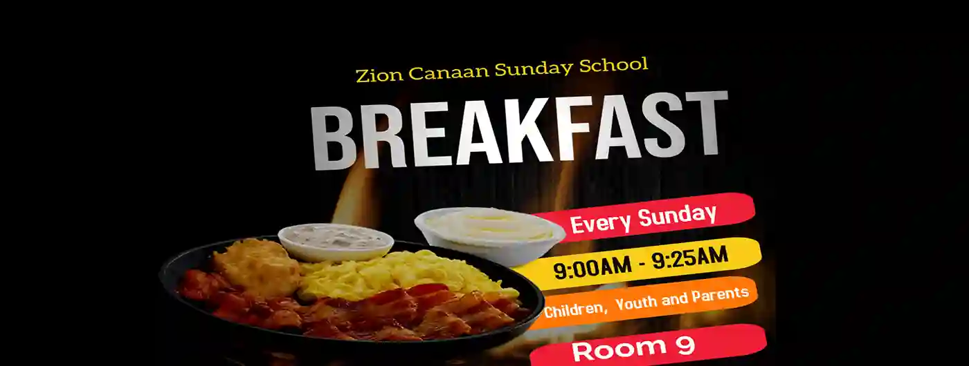 a black banner with a plate of breakfast to announce Sunday School Breakfast sunday mornings at 9:00am