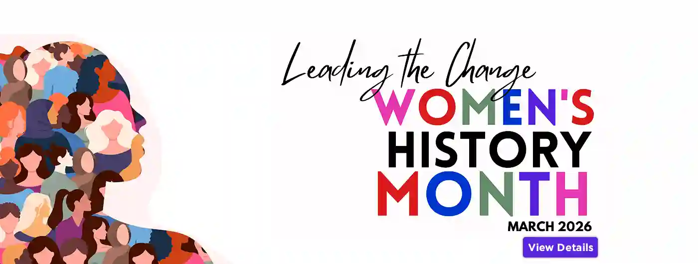 a banner with collge of women silhouettes to advertise Womens History Month Events. Click for details