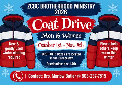 ZCBC Brotherhood Ministry 2026 coat drive collecting new and gently used winter clothing from October 1 through November 8. click for details