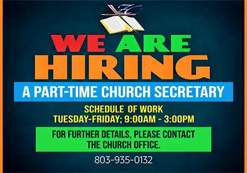 Now hiring a part-time church secretary, Tuesday through Friday, 9 AM. click for details