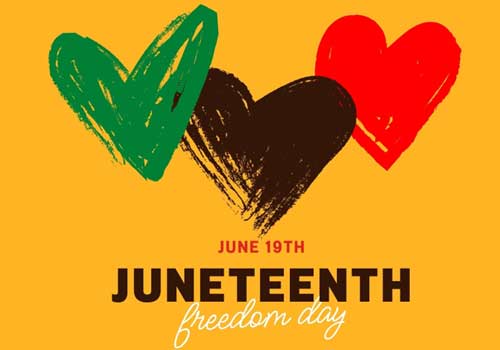 advertisement for Jiuneteenth with a yellow background with green, black and red hearts.