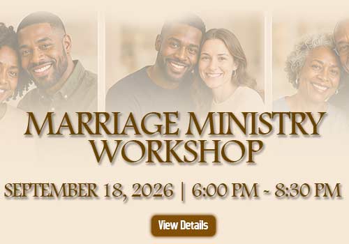 a beige advertisement with couples in the background to advertise the marriage ministry workshop. Click for details