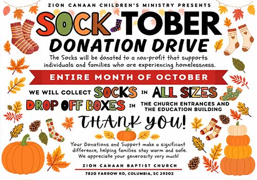 Zion Canaan Children’s Ministry Socktober donation drive collecting socks of all sizes throughout October. click for details